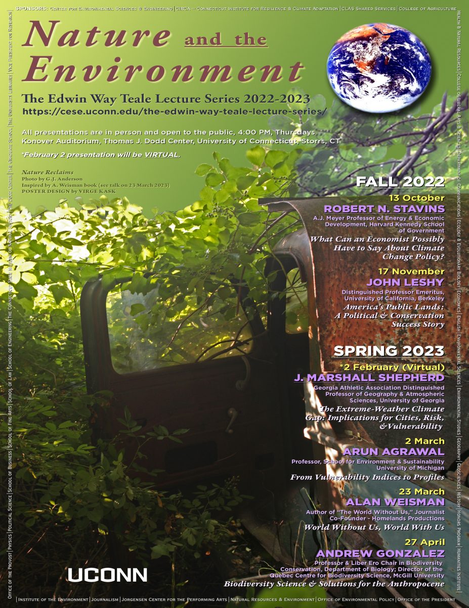 A poster for the 2022-2023 Teale Lecture series, "Nature and the Environment," featuring an image of an old, rusty truck in an overgrown tree