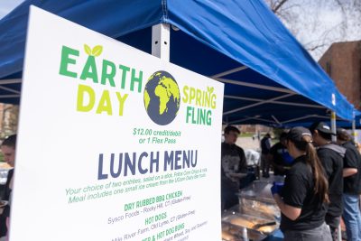 UConn students participate in Earth Day Spring Fling activities along Fairfield Way on April 17, 2024. (Sydney Herdle/UConn Photo)