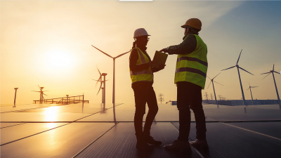 Two engineers wearing hard hats and reflective vests standing on a rooftop with wind turbines in the background
