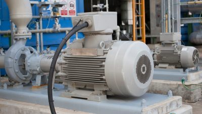 Induction motor with centrifugal pump in process area of oil refinery industrial plant