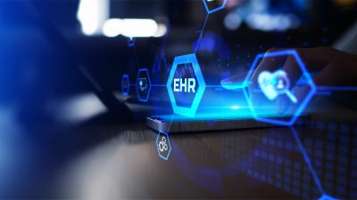 Electronic Health Records EHR System and Patient Data Access Displayed on Digital Medical Interface.