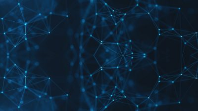 Abstract vector graphic illustration depicting a complex interconnected network structure with glowing blue digital nodes on a dark background