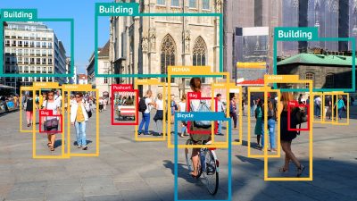 Machine Learning object detection and artificial intelligence concept. Application detect object in picture. (Blur human face)
